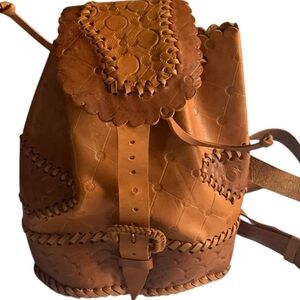 Backpack Handcrafted Leather Compact Knapsack Straps Top Handle Buckle Flap Tan